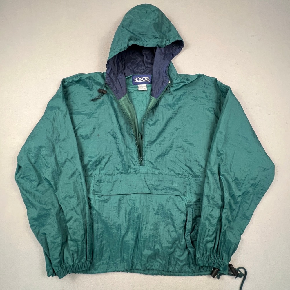 Honors Windbreaker Anorak Mens Large‎ Green Vintage 1/4 Zip Hooded Pouch Pocket